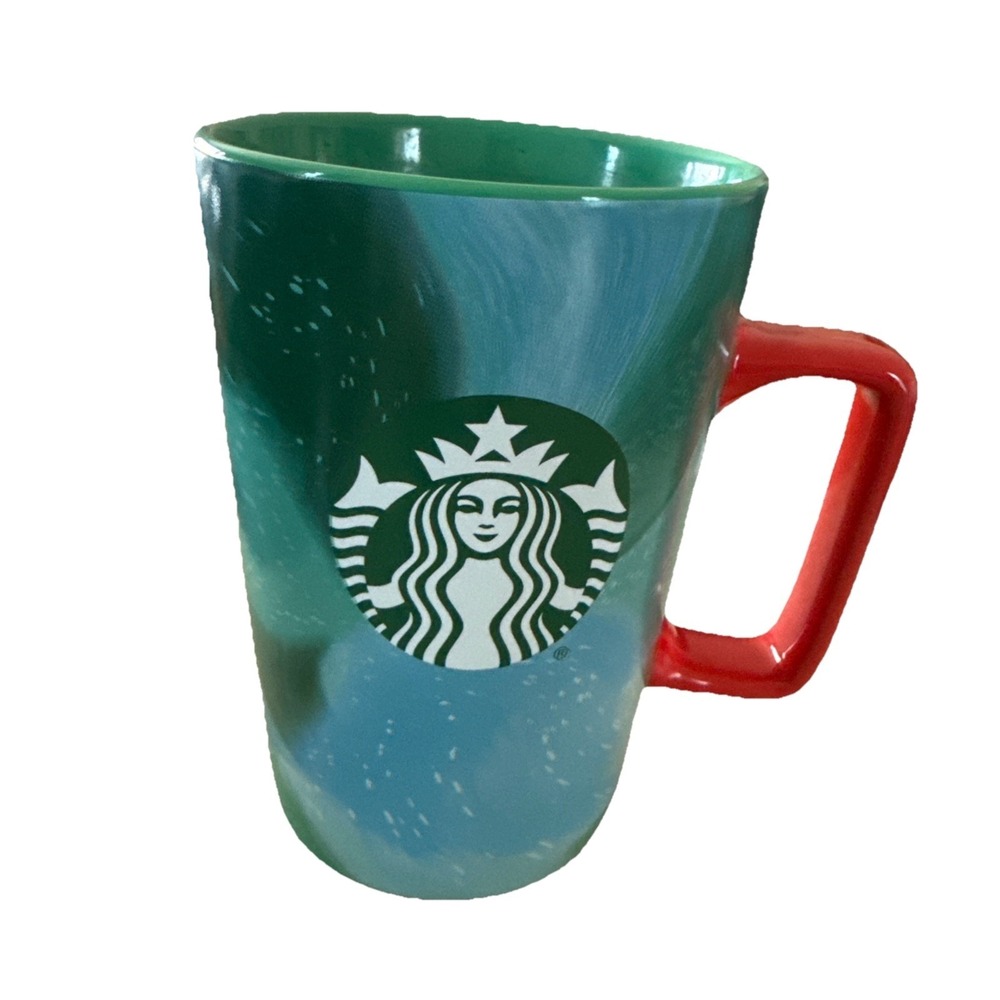 Starbucks Holiday Green Blue Swirl Mug Red Handle Coffee Cup 13 oz 2024